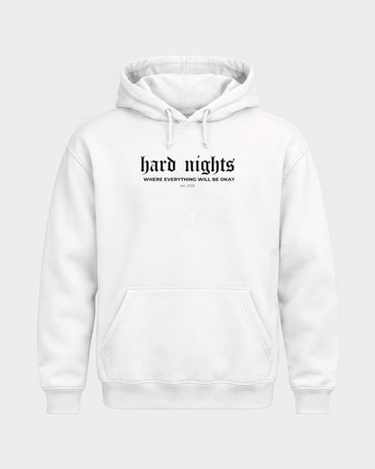 Okay – Basic Hoodie in Weiß, Frontprint – Hard Nights