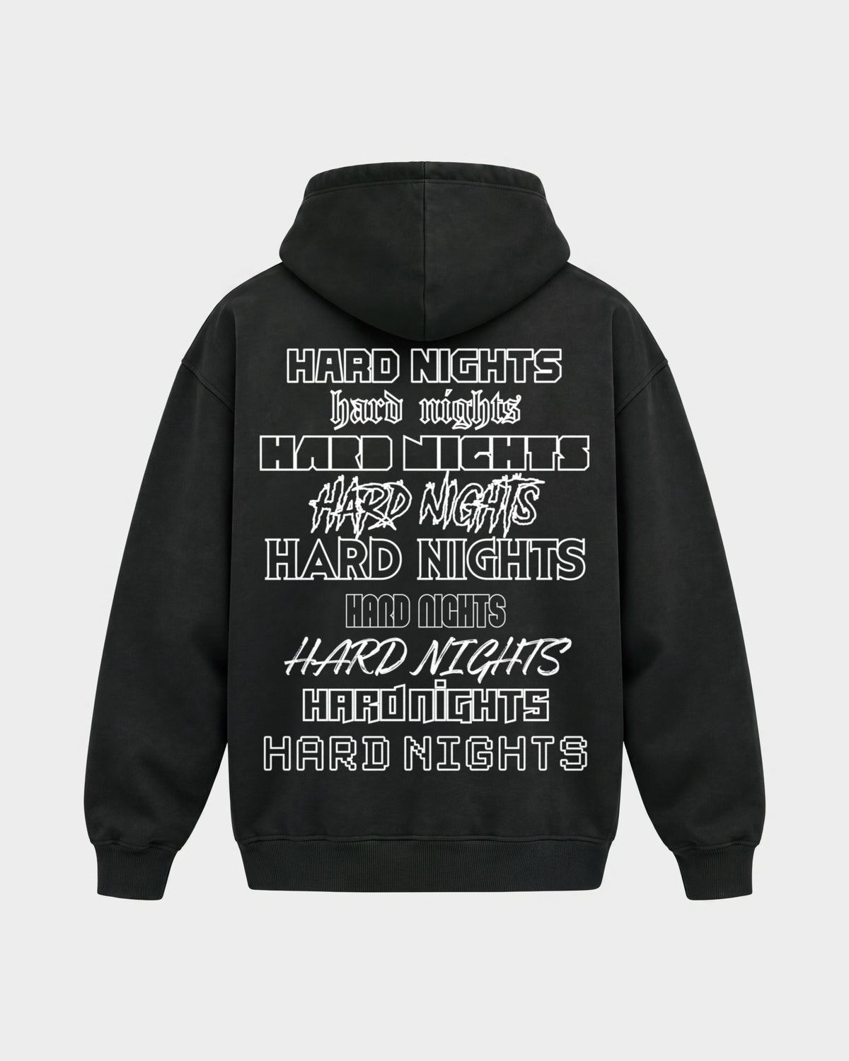 Okay – Oversized Hoodie in Schwarz, Rückenprint – Hard Nights