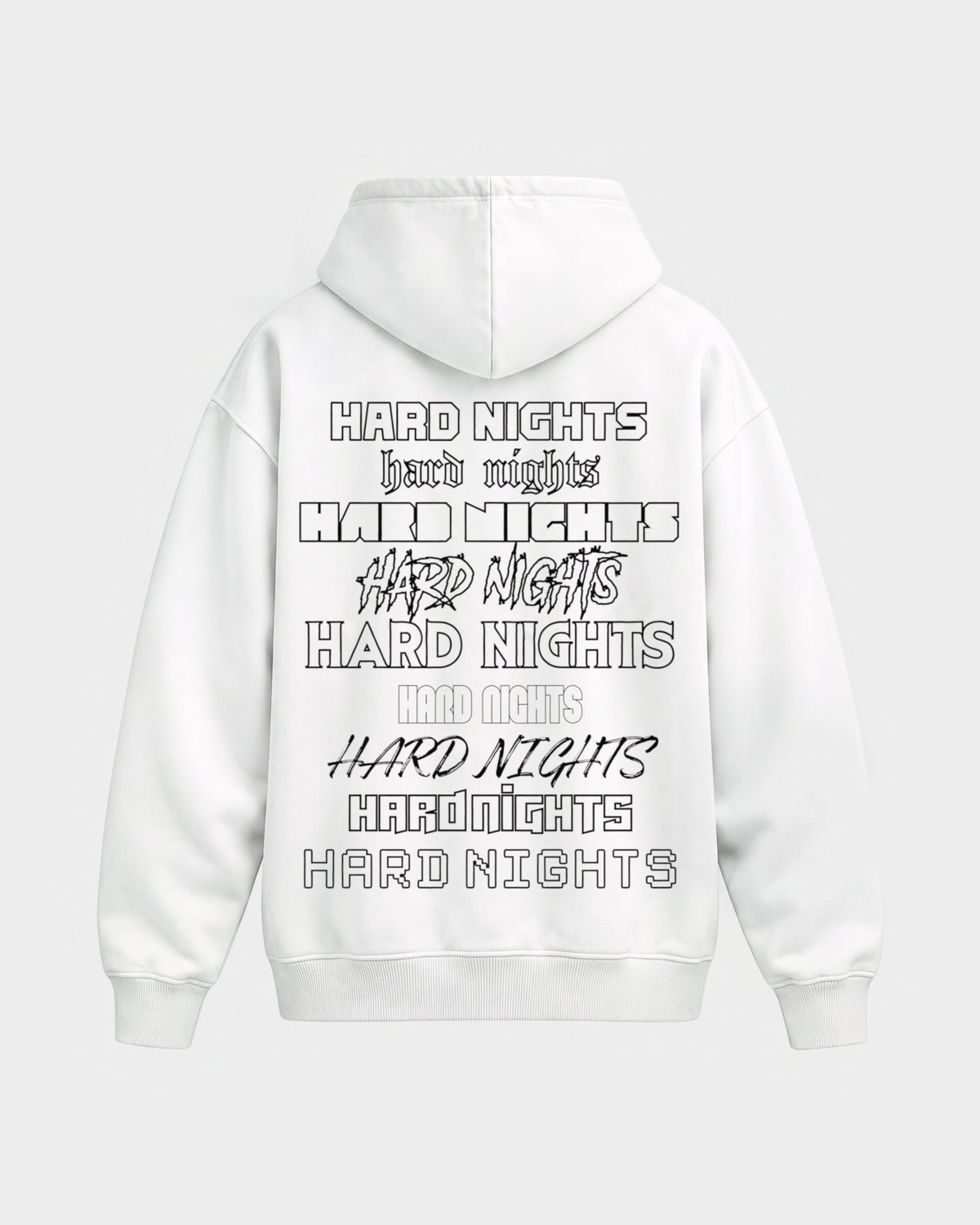 Okay – Oversized Hoodie in Weiß, Rückenprint – Hard Nights