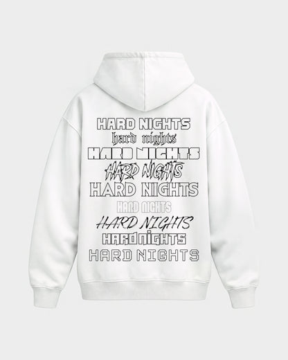 Okay – Oversized Hoodie in Weiß, Rückenprint – Hard Nights