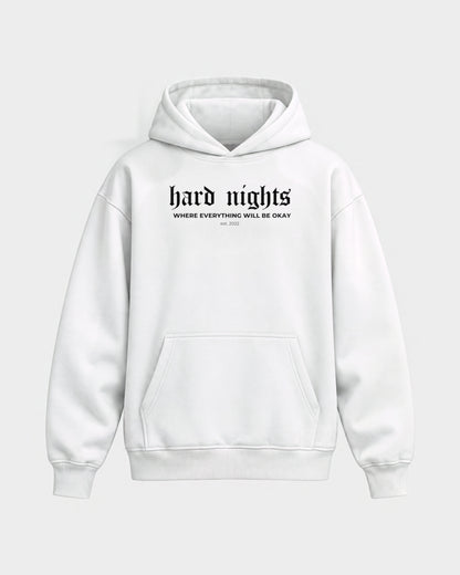 Okay – Oversized Hoodie in Weiß, Frontprint – Hard Nights