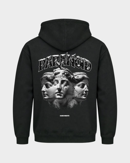 Paranoid Heads – Basic Hoodie in Schwarz, Rückenprint – Hard Nights