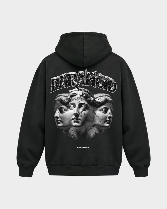 Paranoid Heads – Oversized Hoodie in Schwarz, Rückenprint – Hard Nights