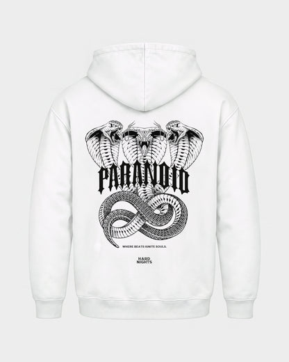 Paranoid Snake – Basic Hoodie in Weiß, Rückenprint – Hard Nights