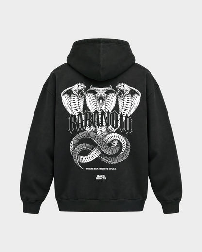 Paranoid Snake – Oversized Hoodie in Schwarz, Rückenprint – Hard Nights