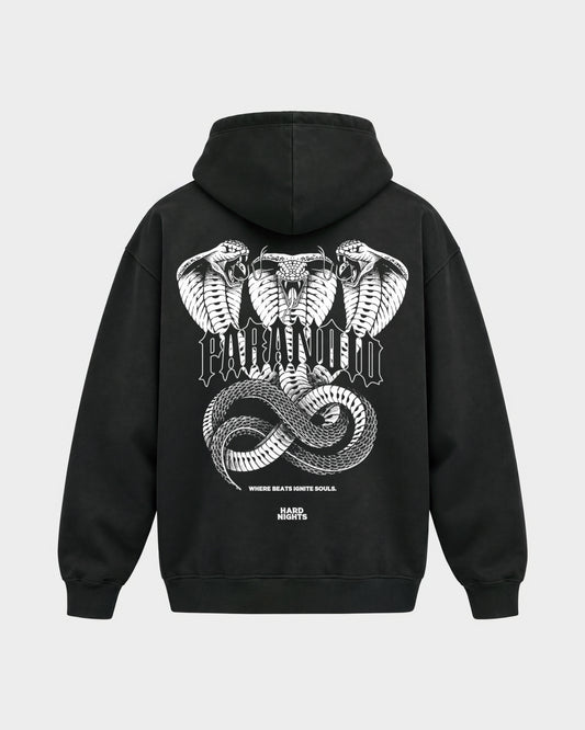 Paranoid Snake – Oversized Hoodie in Schwarz, Rückenprint – Hard Nights