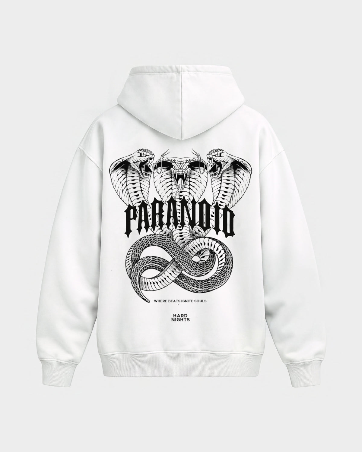 Paranoid Snake – Oversized Hoodie in Weiß, Rückenprint – Hard Nights