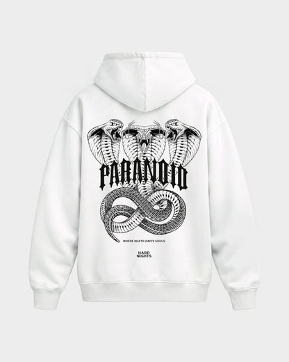 Paranoid Snake – Oversized Hoodie in Weiß, Rückenprint – Hard Nights