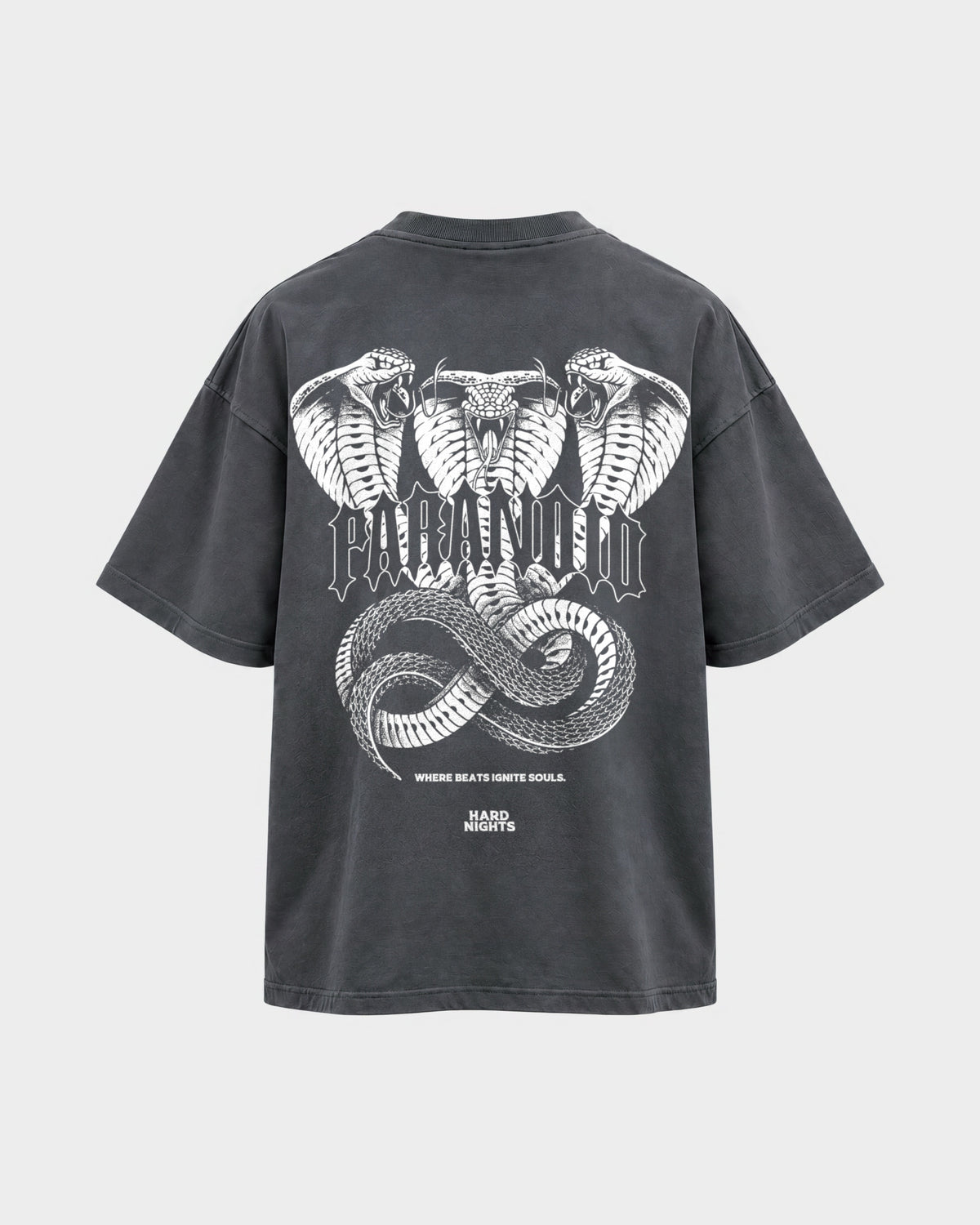 Paranoid Snake – Oversized Shirt in Anthrazit, Rückenprint – Hard Nights