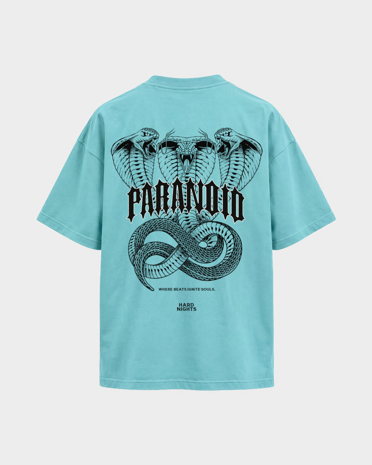 Paranoid Snake – Oversized Shirt in Berylblau, Rückenprint – Hard Nights