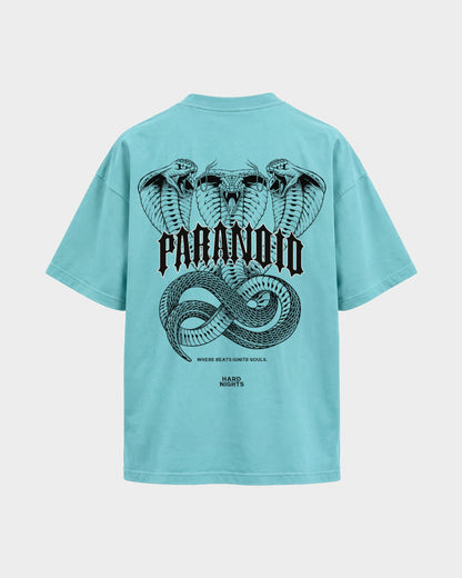 Paranoid Snake – Oversized Shirt in Berylblau, Rückenprint – Hard Nights
