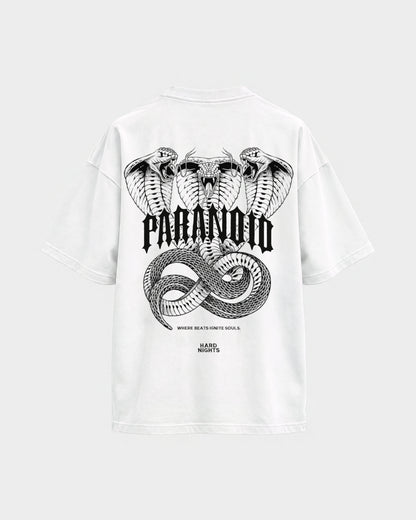 Paranoid Snake – Oversized Shirt in Weiß, Rückenprint – Hard Nights