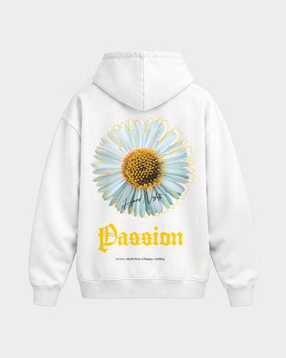Passion – Oversized Hoodie in Weiß, Rückenprint – Hard Nights