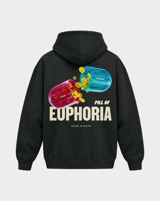 Pill of euphoria – Oversized Hoodie in Schwarz, Rückenprint – Hard Nights