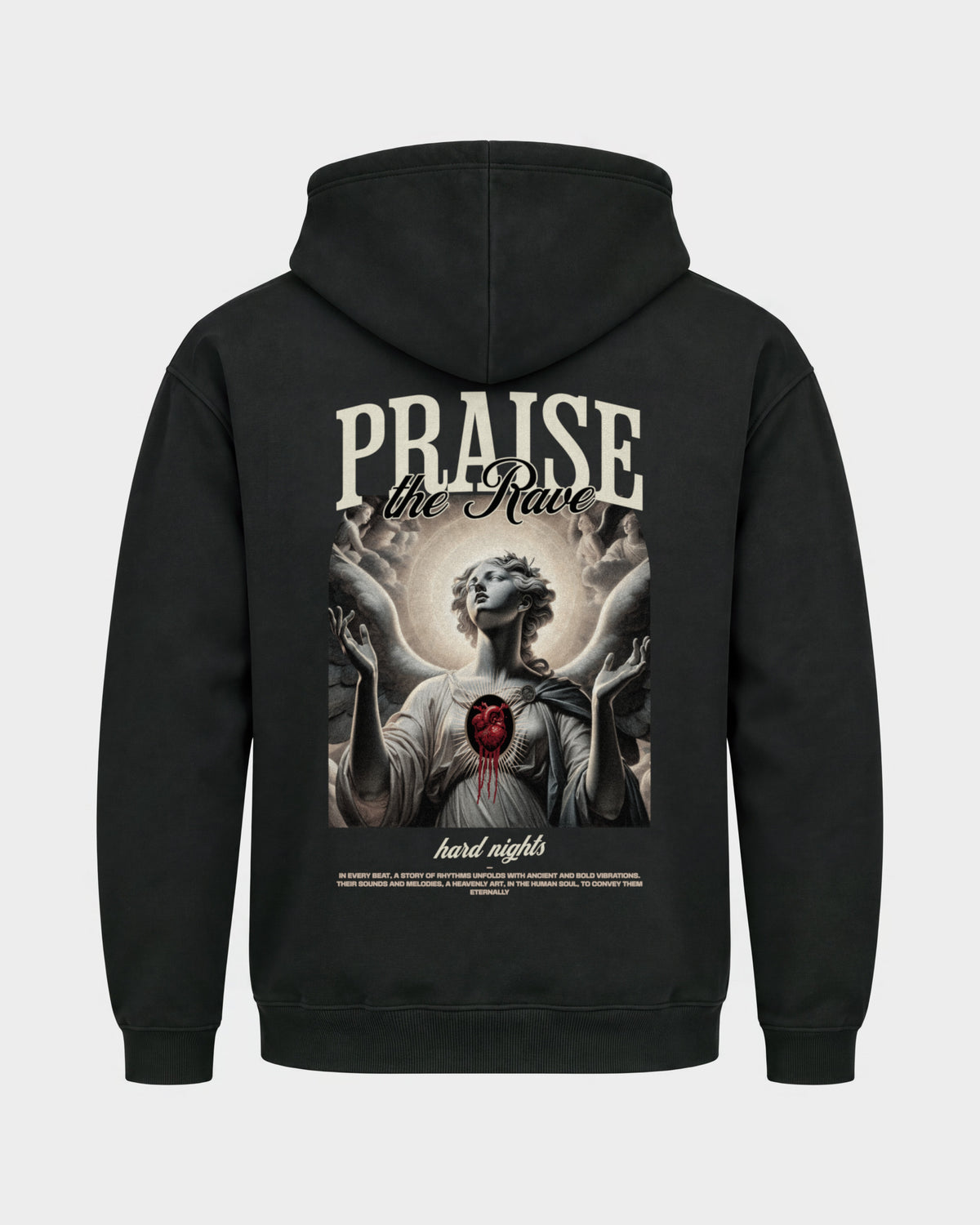 Praise the rave – Basic Hoodie in Schwarz, Rückenprint – Hard Nights
