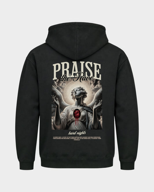 Praise the rave – Basic Hoodie in Schwarz, Rückenprint – Hard Nights