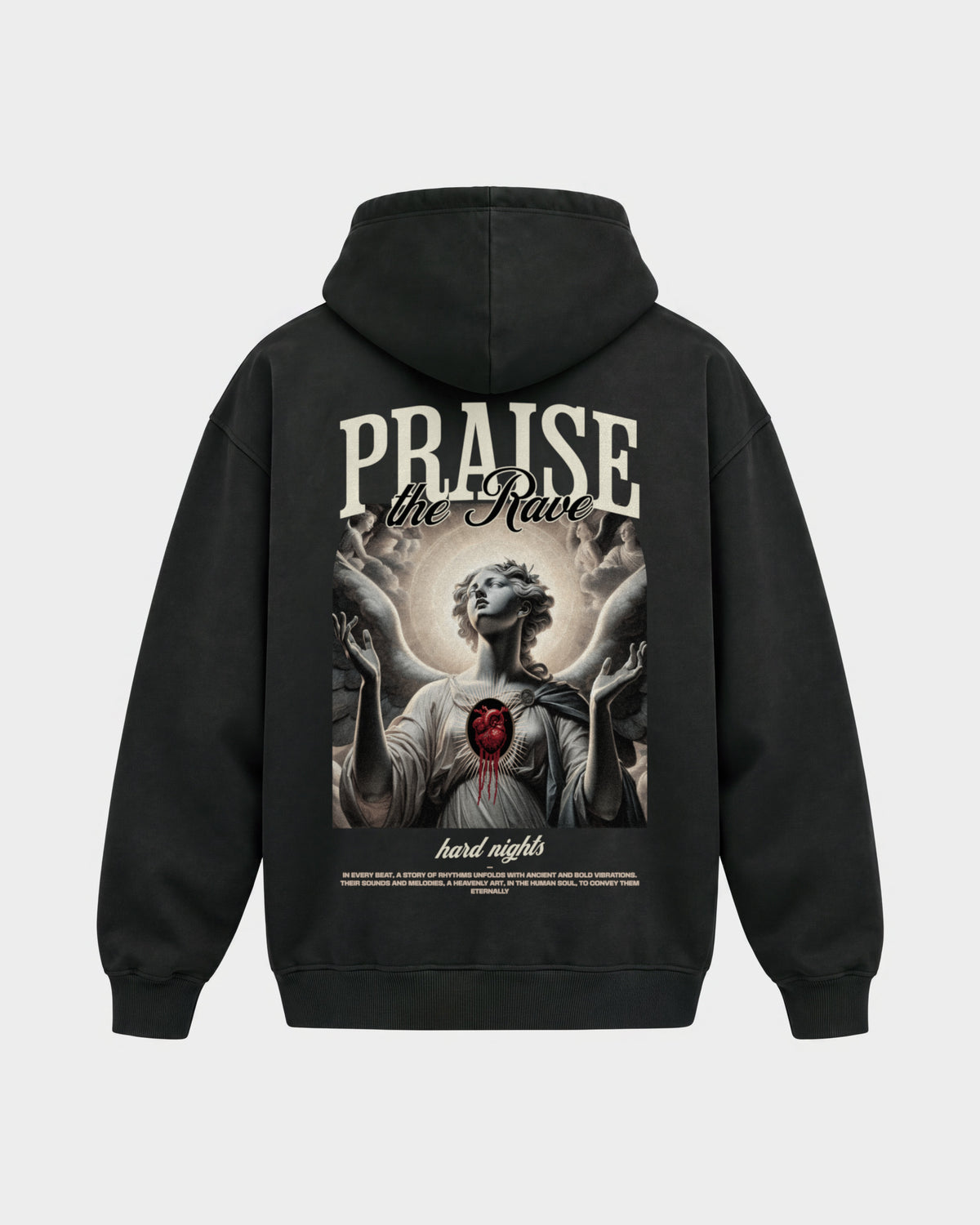 Praise the rave – Oversized Hoodie in Schwarz, Rückenprint – Hard Nights