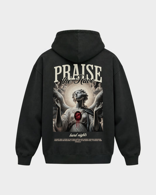 Praise the rave – Oversized Hoodie in Schwarz, Rückenprint – Hard Nights
