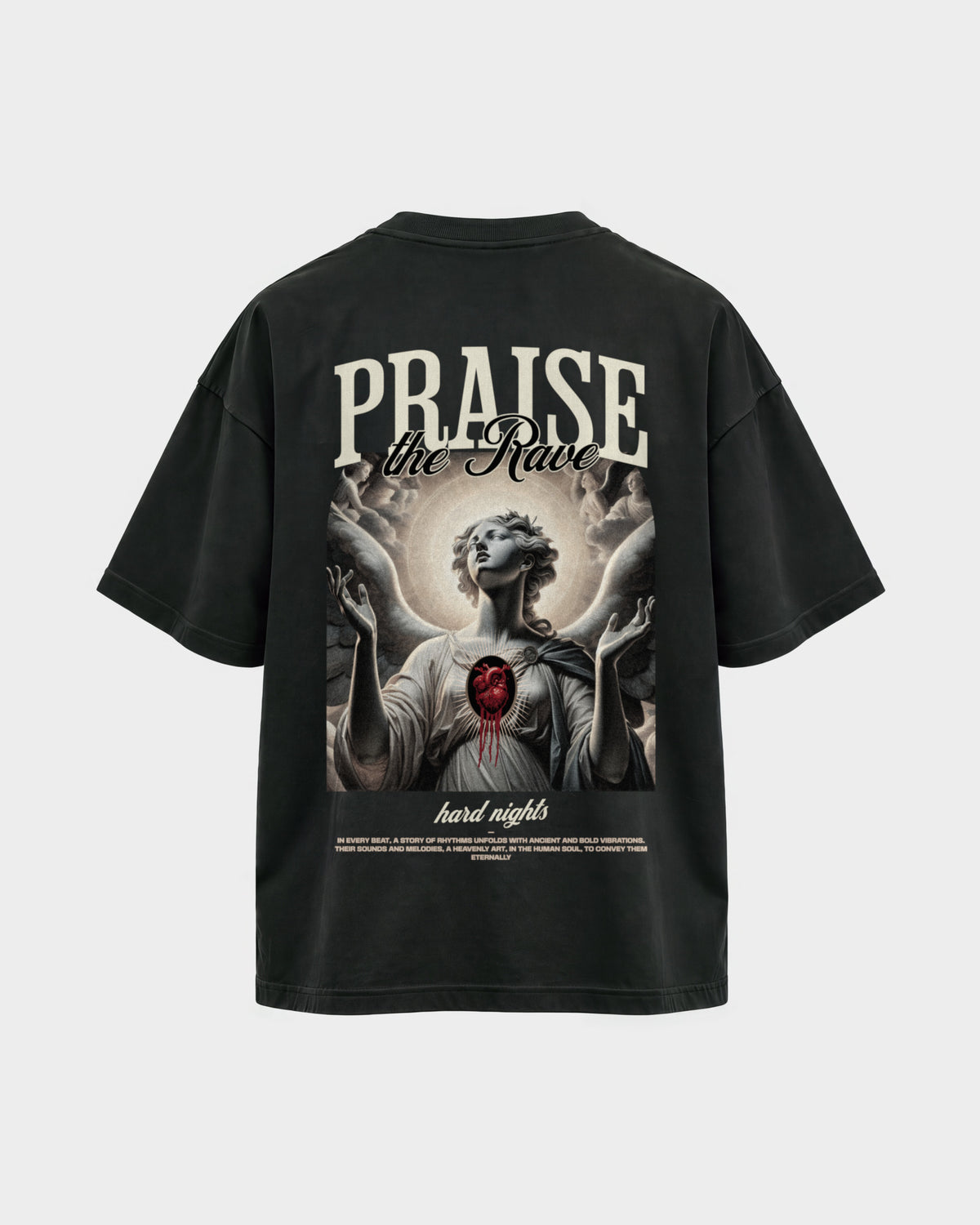 Praise the rave – Oversized Shirt in Schwarz, Rückenprint – Hard Nights