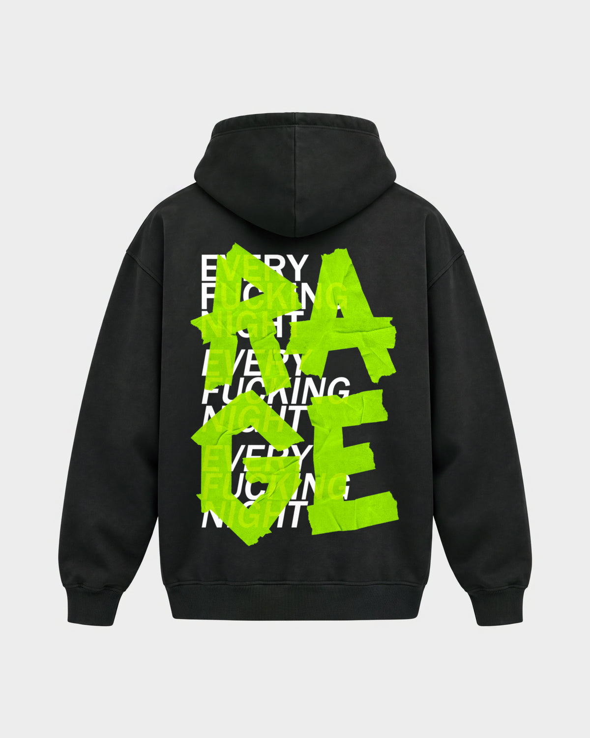 Rage – Oversized Hoodie in Schwarz, Rückenprint – Hard Nights