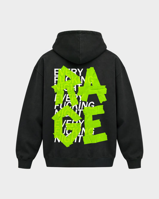 Rage – Oversized Hoodie in Schwarz, Rückenprint – Hard Nights