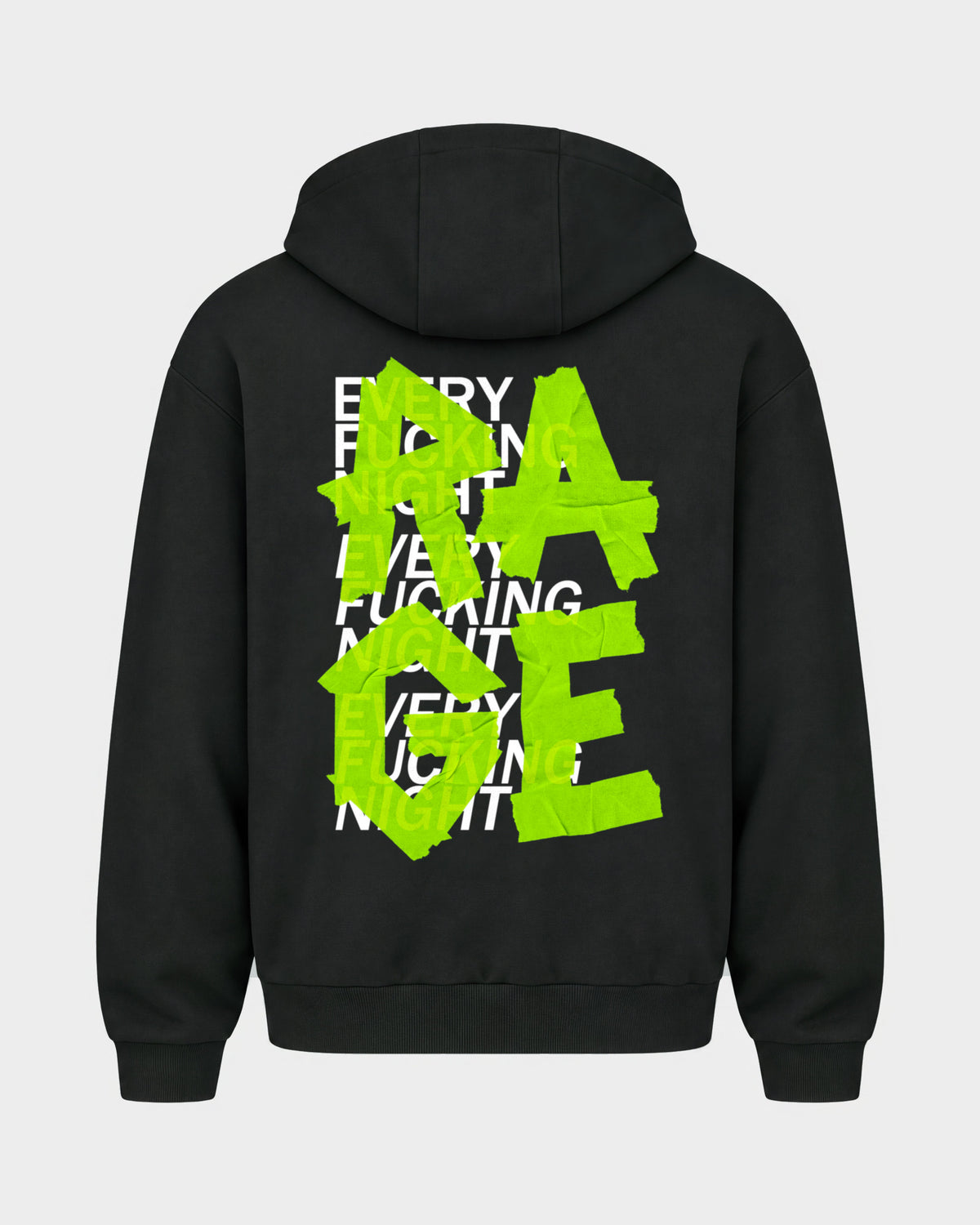 Rage – Oversized Zipper Hoodie in Schwarz, Rückenprint – Hard Nights