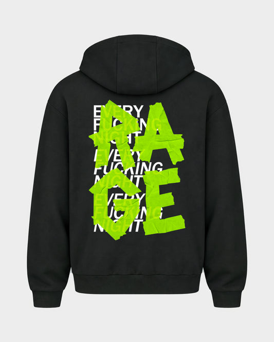Rage – Oversized Zipper Hoodie in Schwarz, Rückenprint – Hard Nights
