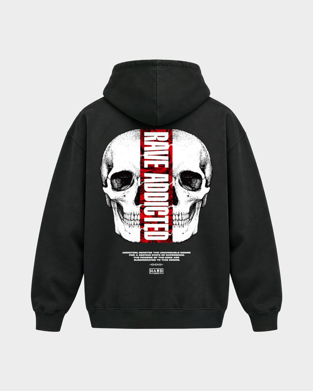 Rave Addicted – Oversized Hoodie in Schwarz, Rückenprint – Hard Nights