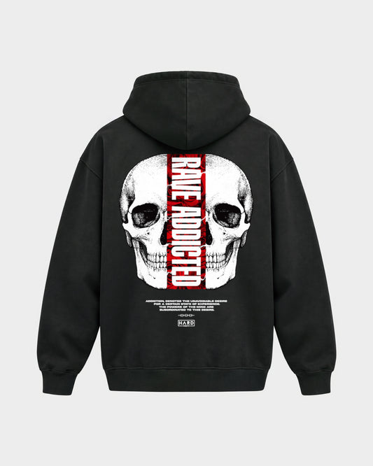 Rave Addicted – Oversized Hoodie in Schwarz, Rückenprint – Hard Nights