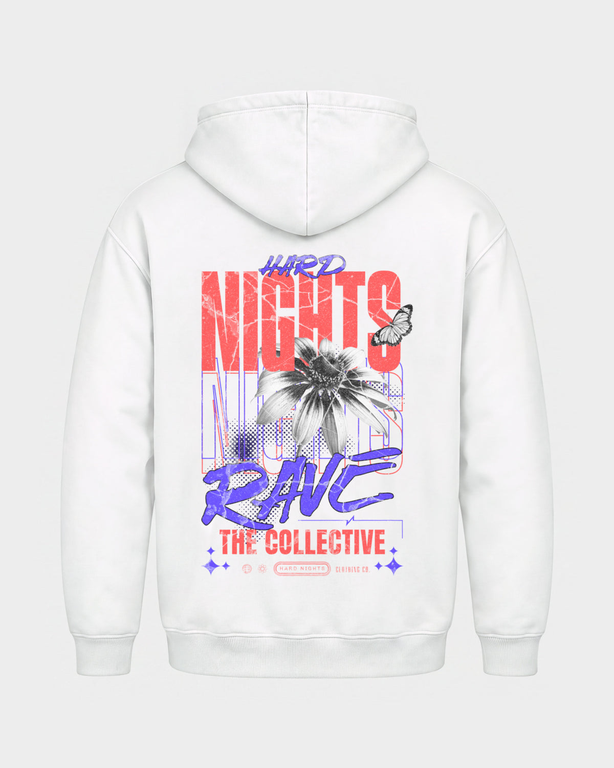 Rave Collective – Basic Hoodie in Weiß, Rückenprint – Hard Nights