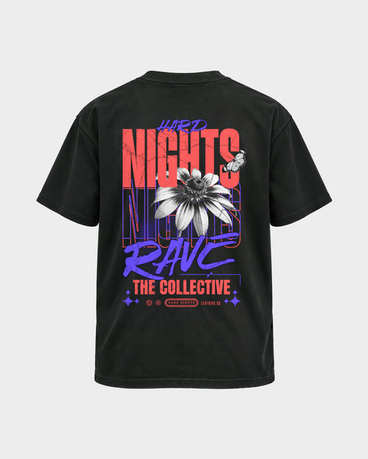 Rave Collective – Basic Shirt in Schwarz, Rückenprint – Hard Nights