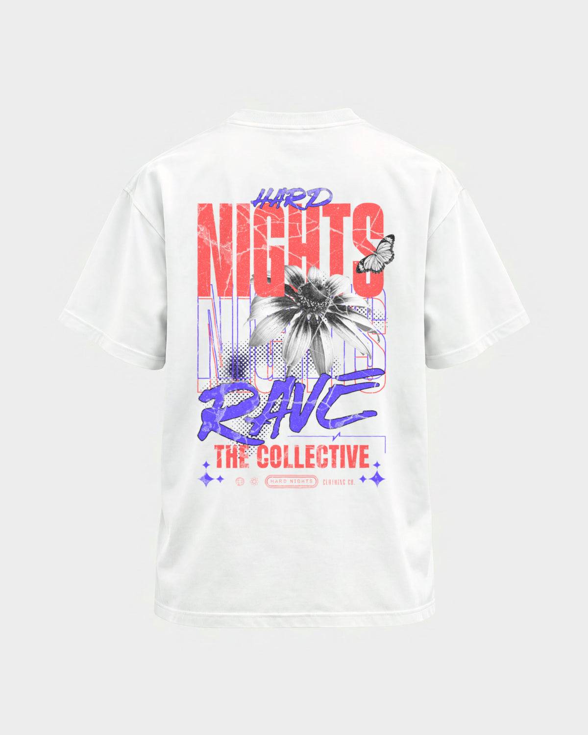 Rave Collective – Basic Shirt in Weiß, Rückenprint – Hard Nights