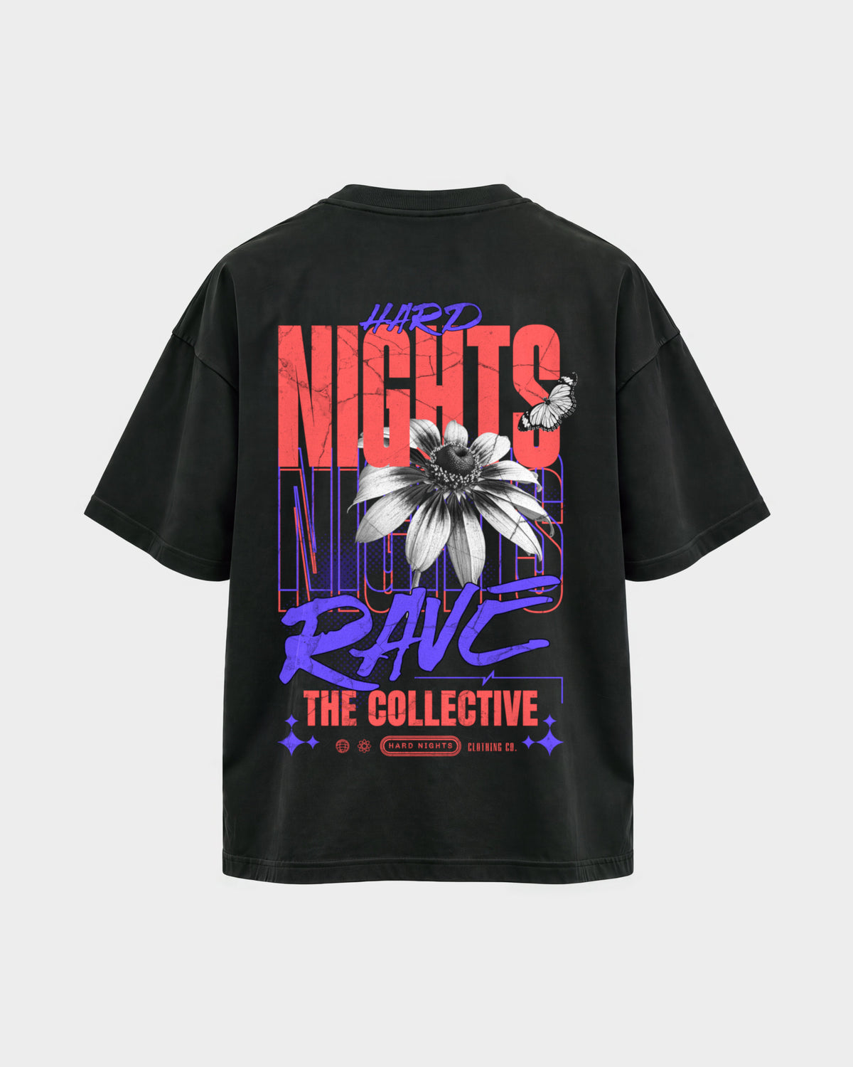Rave Collective – Oversized Shirt in Schwarz, Rückenprint – Hard Nights