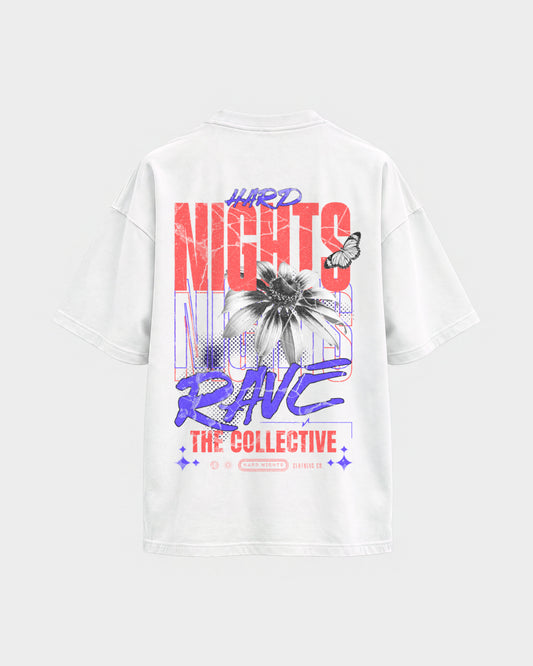 Rave Collective – Oversized Shirt in Weiß, Rückenprint – Hard Nights