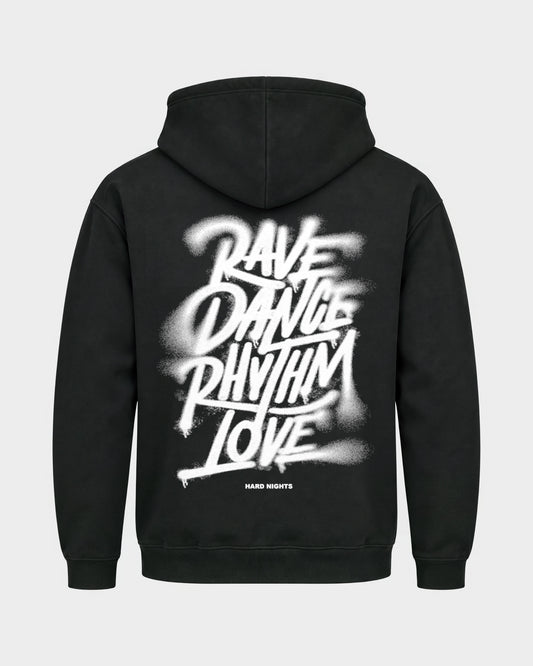 Rave,Dance,Rhythm & Love – Basic Hoodie in Schwarz, Rückenprint – Hard Nights