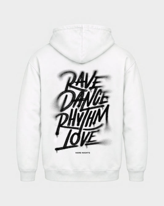 Rave,Dance,Rhythm & Love – Basic Hoodie in Weiß, Rückenprint – Hard Nights