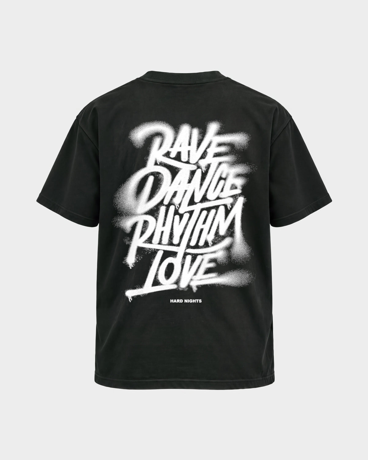 Rave,Dance,Rhythm & Love – Basic Shirt in Schwarz, Rückenprint – Hard Nights