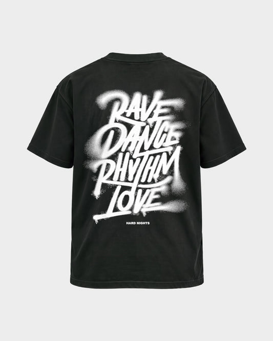 Rave,Dance,Rhythm & Love – Basic Shirt in Schwarz, Rückenprint – Hard Nights