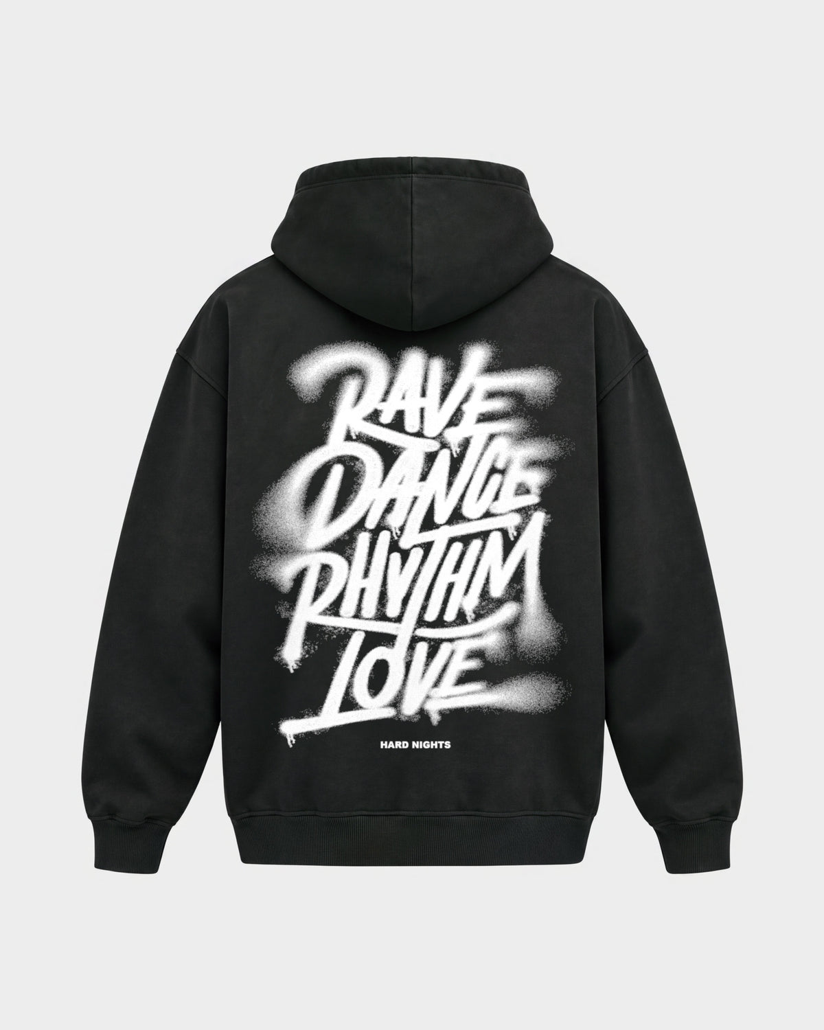 Rave Dance Rhythm Love – Oversized Hoodie in Schwarz, Rückenprint – Hard Nights
