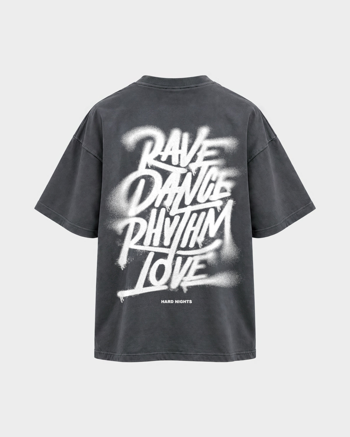 Rave,Dance,Rhythm & Love – Oversized Shirt in Anthrazit, Rückenprint – Hard Nights