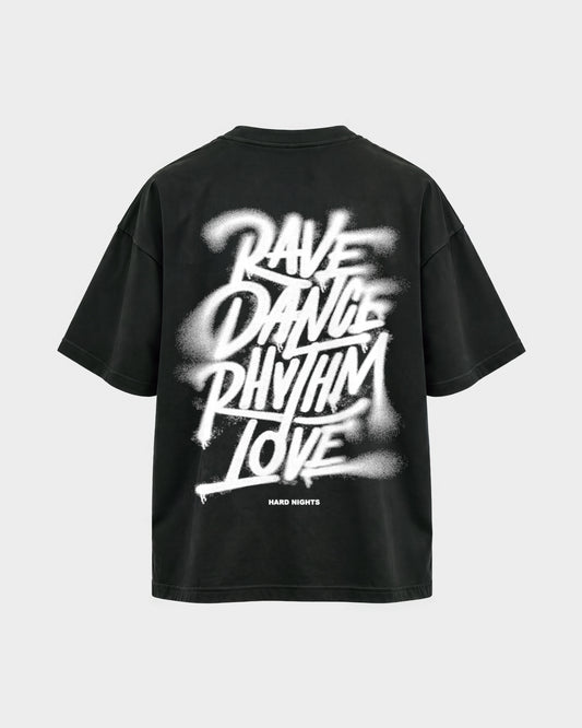 Rave,Dance,Rhythm & Love – Oversized Shirt in Schwarz, Rückenprint – Hard Nights