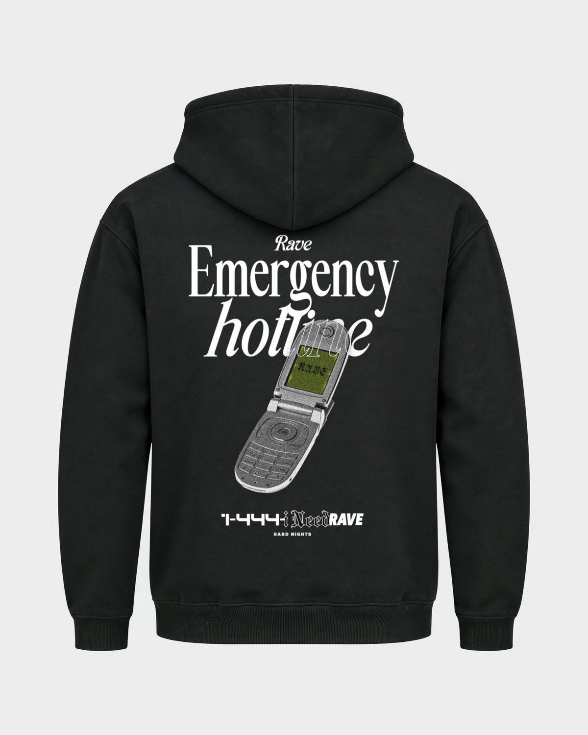 Rave emergency hotline – Basic Hoodie in Schwarz, Rückenprint – Hard Nights