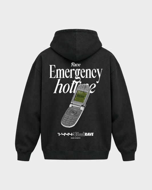 Rave Emergency Hotline – Oversized Hoodie in Schwarz, Rückenprint – Hard Nights