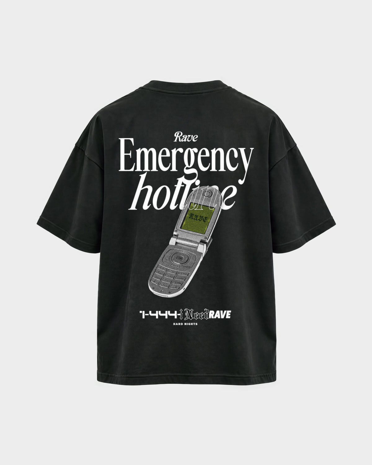 Rave emergency hotline – Oversized Shirt in Schwarz, Rückenprint – Hard Nights