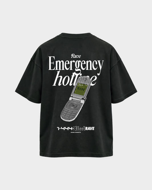 Rave emergency hotline – Oversized Shirt in Schwarz, Rückenprint – Hard Nights