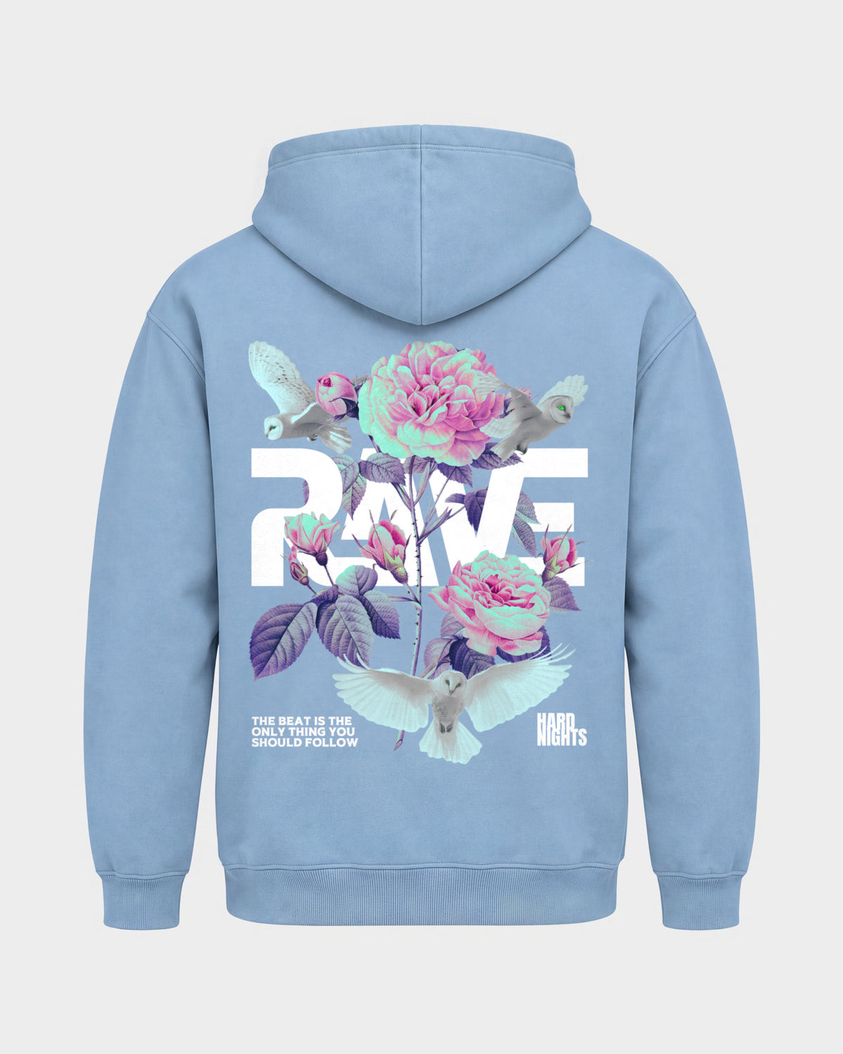 Rave Flowers – Basic Hoodie in Himmelblau, Rückenprint – Hard Nights