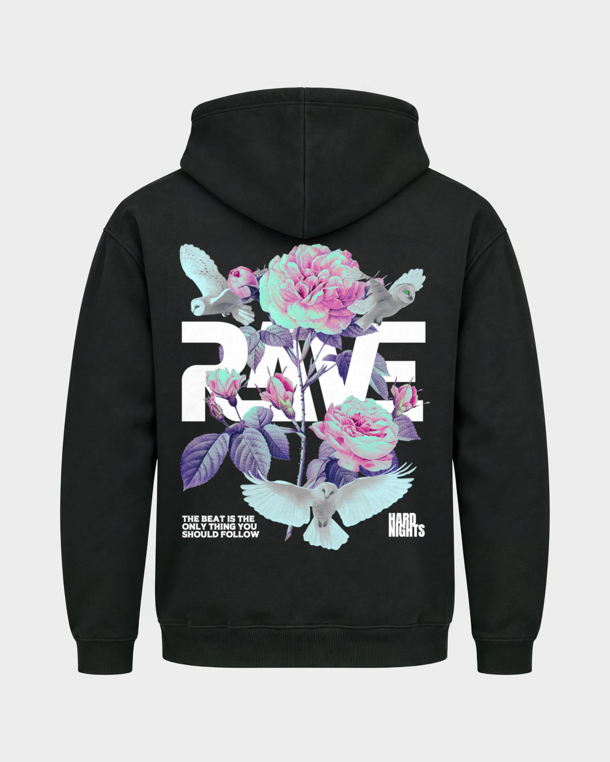 Rave Flowers – Basic Hoodie in Schwarz, Rückenprint – Hard Nights