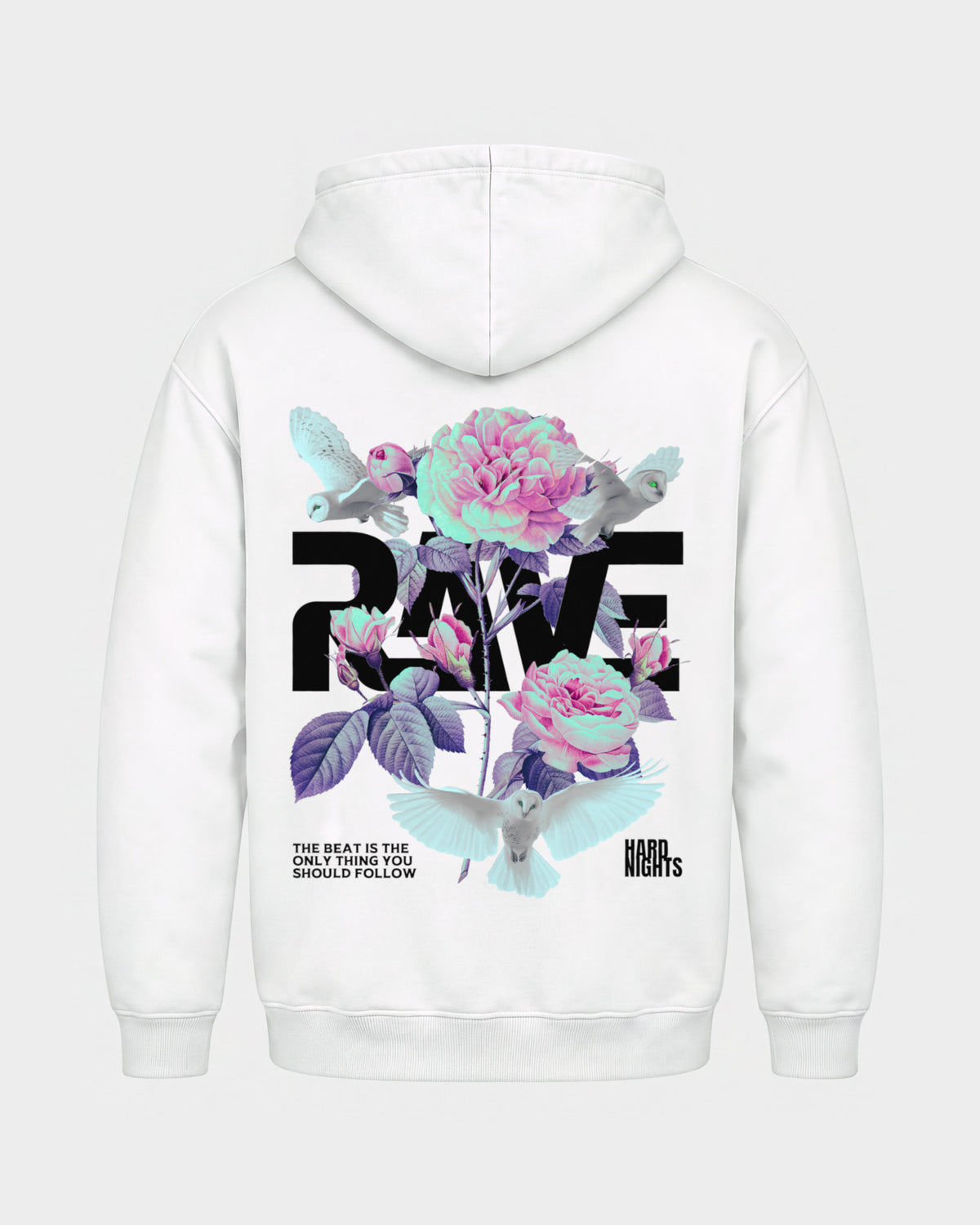 Rave Flowers – Basic Hoodie in Weiß, Rückenprint – Hard Nights