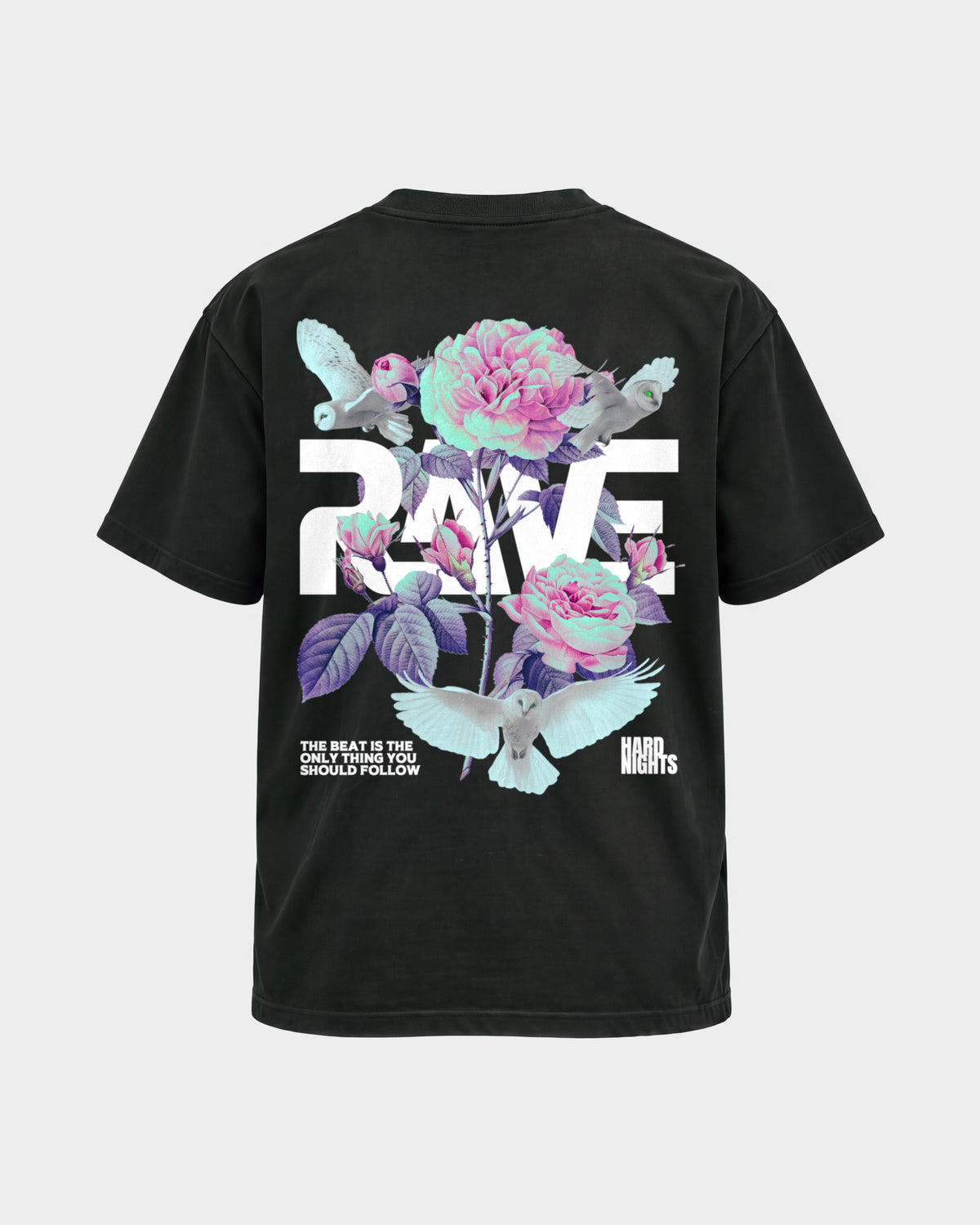 Rave Flowers – Basic Shirt in Schwarz, Rückenprint – Hard Nights