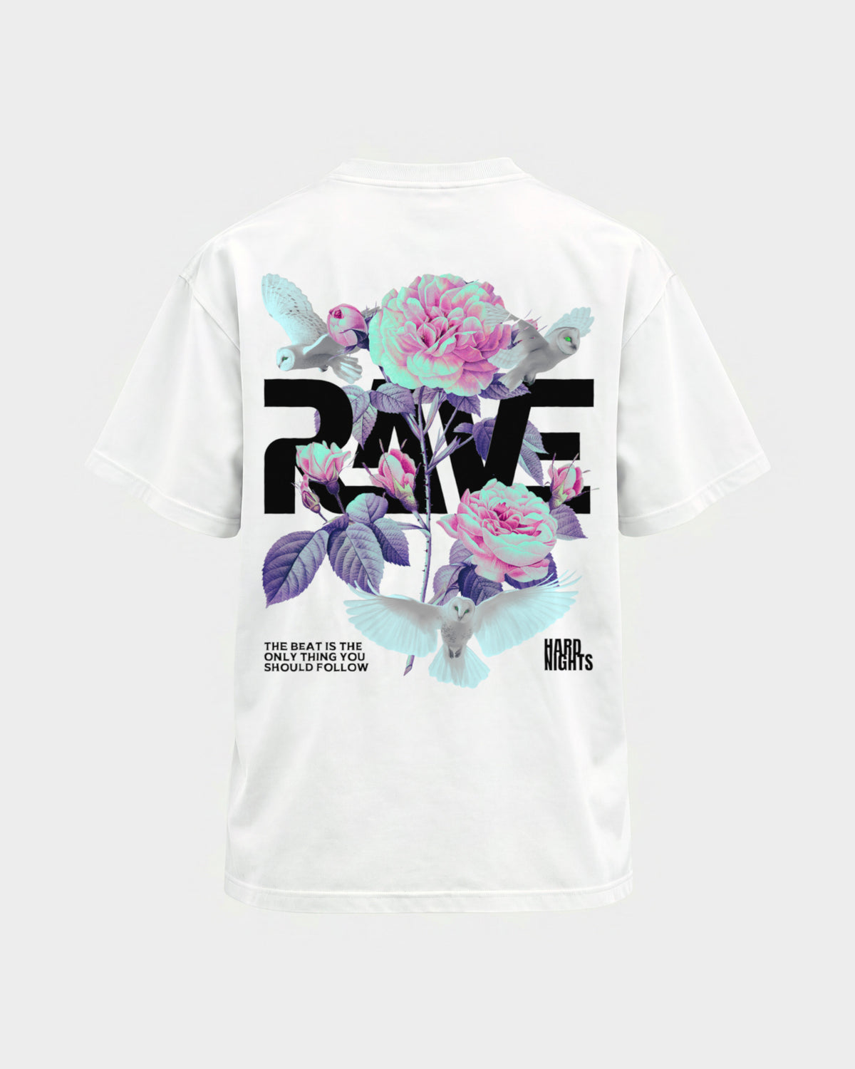 Rave Flowers – Basic Shirt in Weiß, Rückenprint – Hard Nights